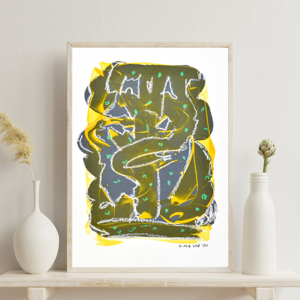 Modern Minimalism: Grey, Yellow & Green Abstract. Acrylics & oil pastels create a vibrant interplay on recycled matting. Cool grey pops with sunshine yellow & hints of green. A conversation starter.