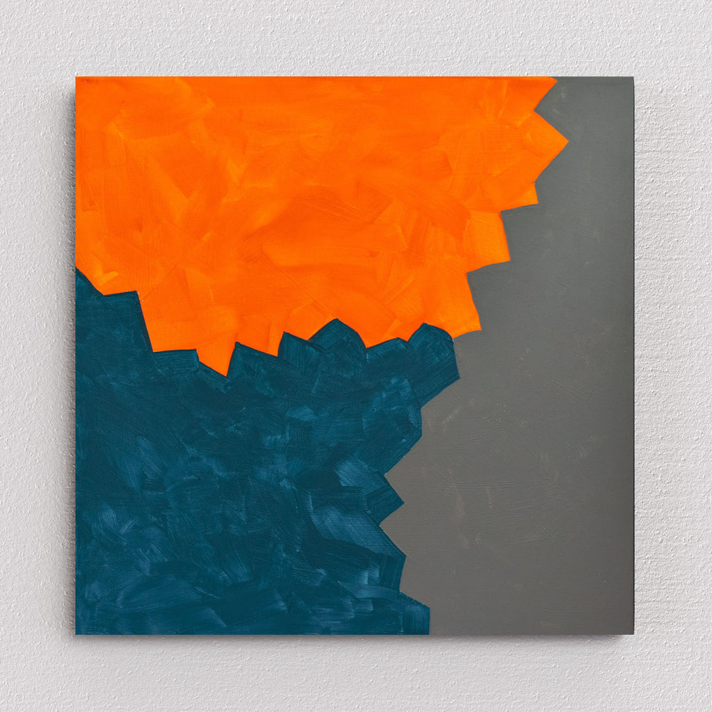 Bold Strokes & Soothing Colors: Abstract Art by Gina Vor. This captivating miniature features cool grey with vibrant orange & tranquil turquoise accents. Bold brushstrokes add energy & life. Modern & unique.