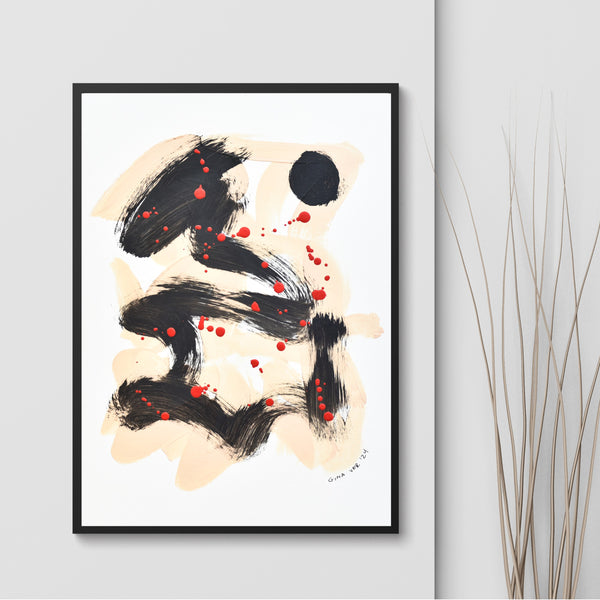 Beige & Black Abstract Dance: Acrylics on recycled white matting create a captivating interplay of texture. A stark white circle grounds swirling black lines, with pops of red. Abstract expressionism at its finest.