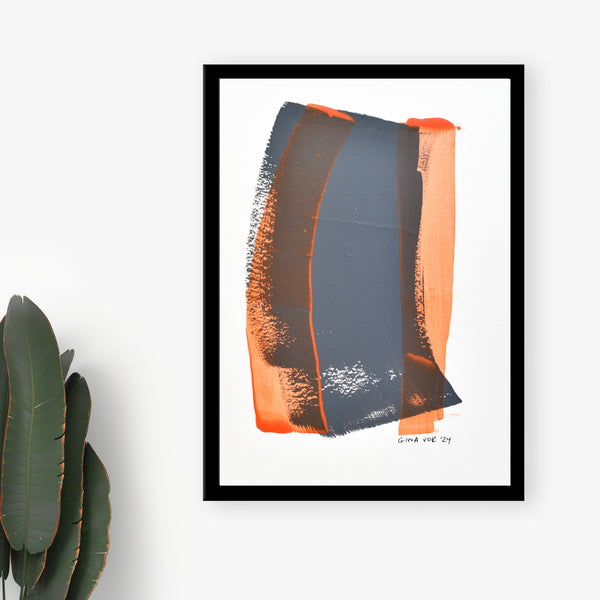 Minimalist Masterpiece: Grey & Orange Abstract. Bold color block design in acrylics on recycled matting. Cool grey background pops with fiery orange. A conversation starter for modern spaces.