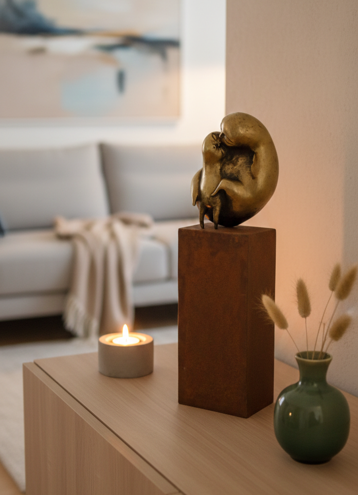 Decorative sculpture on a wooden pedestal with a candle and vase in a living room setting.