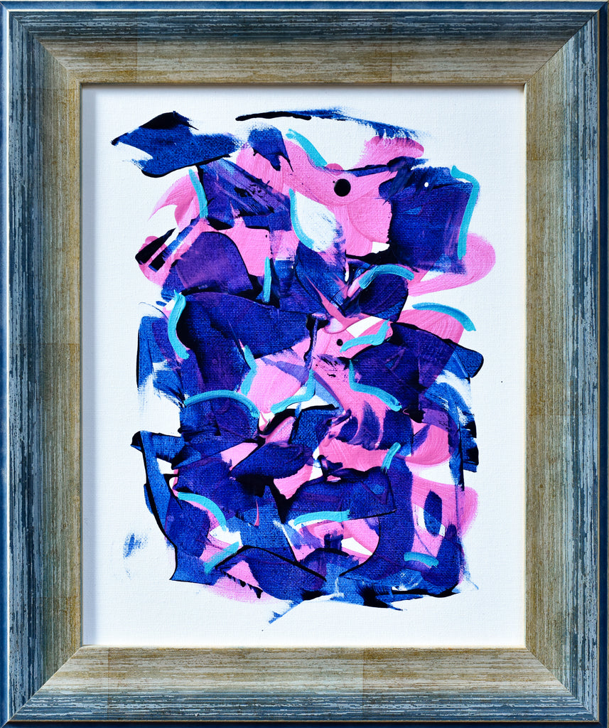 Abstract art piece with blue and pink colors in a wooden frame.