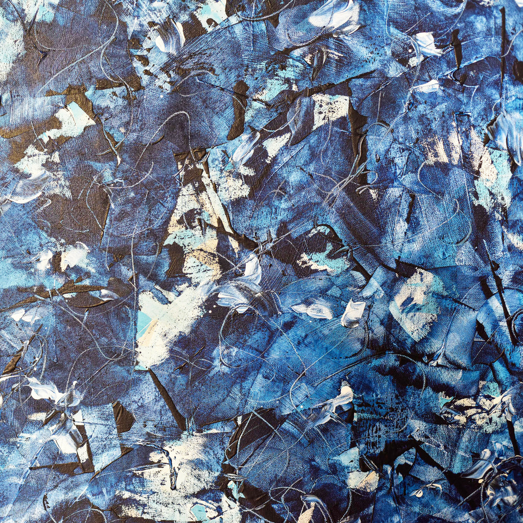 Gina Vor’s abstract painting "Prussian Blue," featuring a vibrant, textured palette of deep blue hues with white accents.