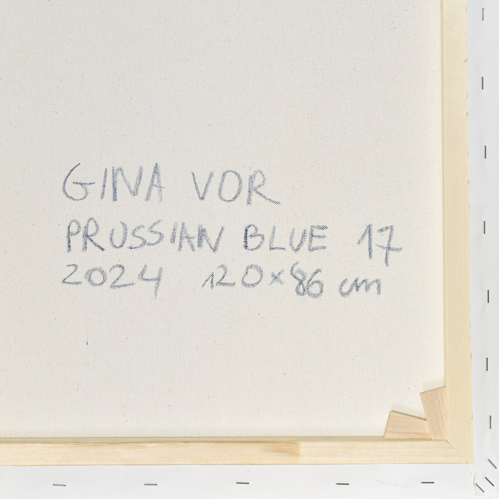 A richly textured abstract painting dominated by dark and light blue tones, representing the lost history of Prussia.