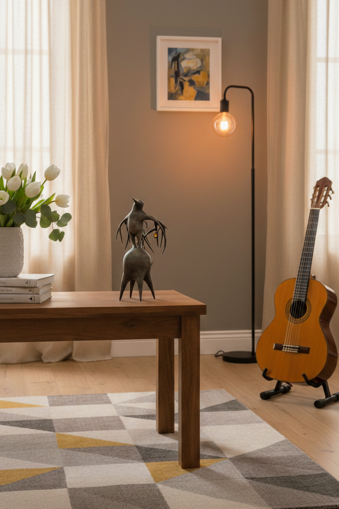 Living room with a geometric patterned rug, wooden coffee table, and decorative items.