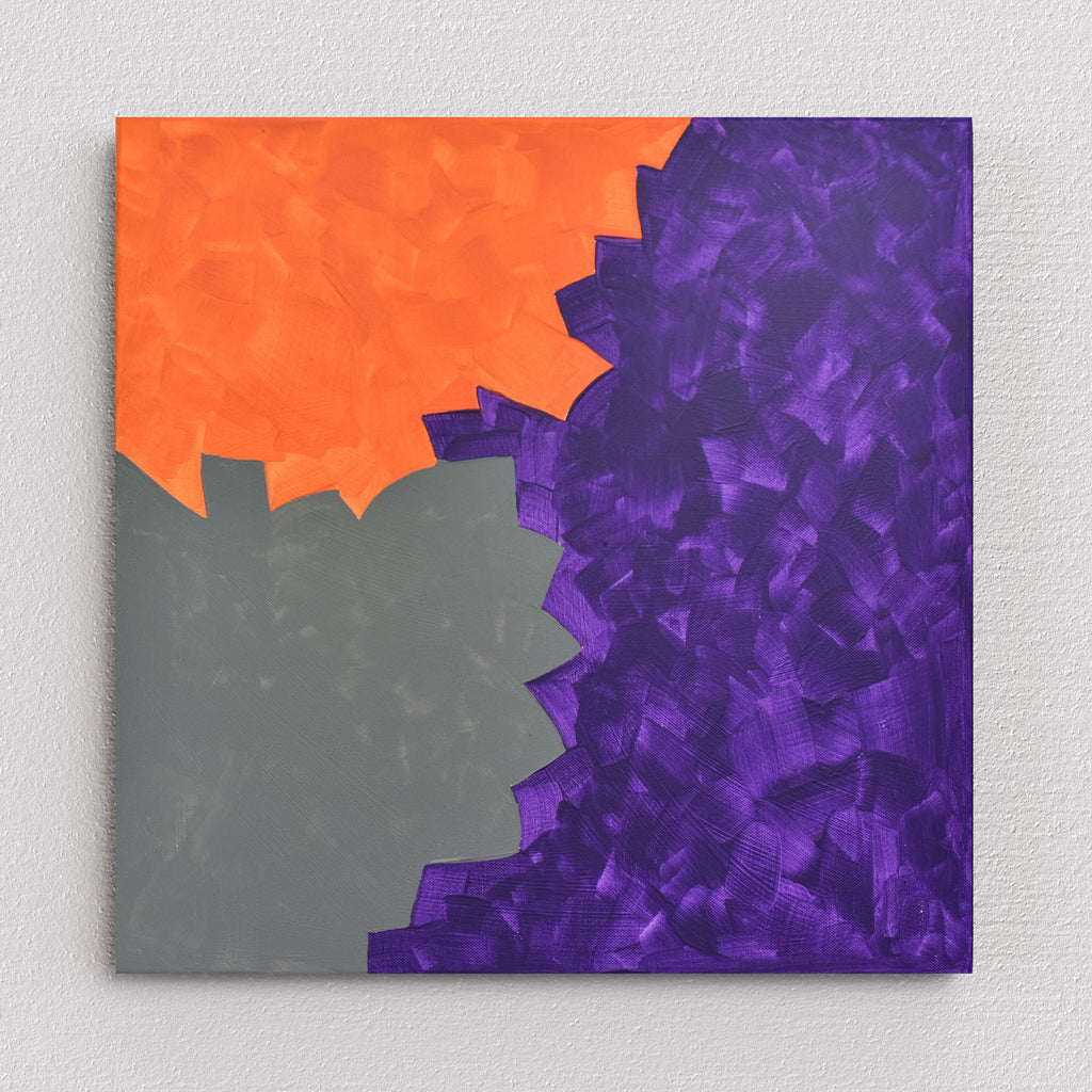 Cool Grey & Vibrant Accents: Abstract Art by Gina Vor. This captivating abstract features geometric shapes in orange & purple against a cool grey background. Modern & striking.