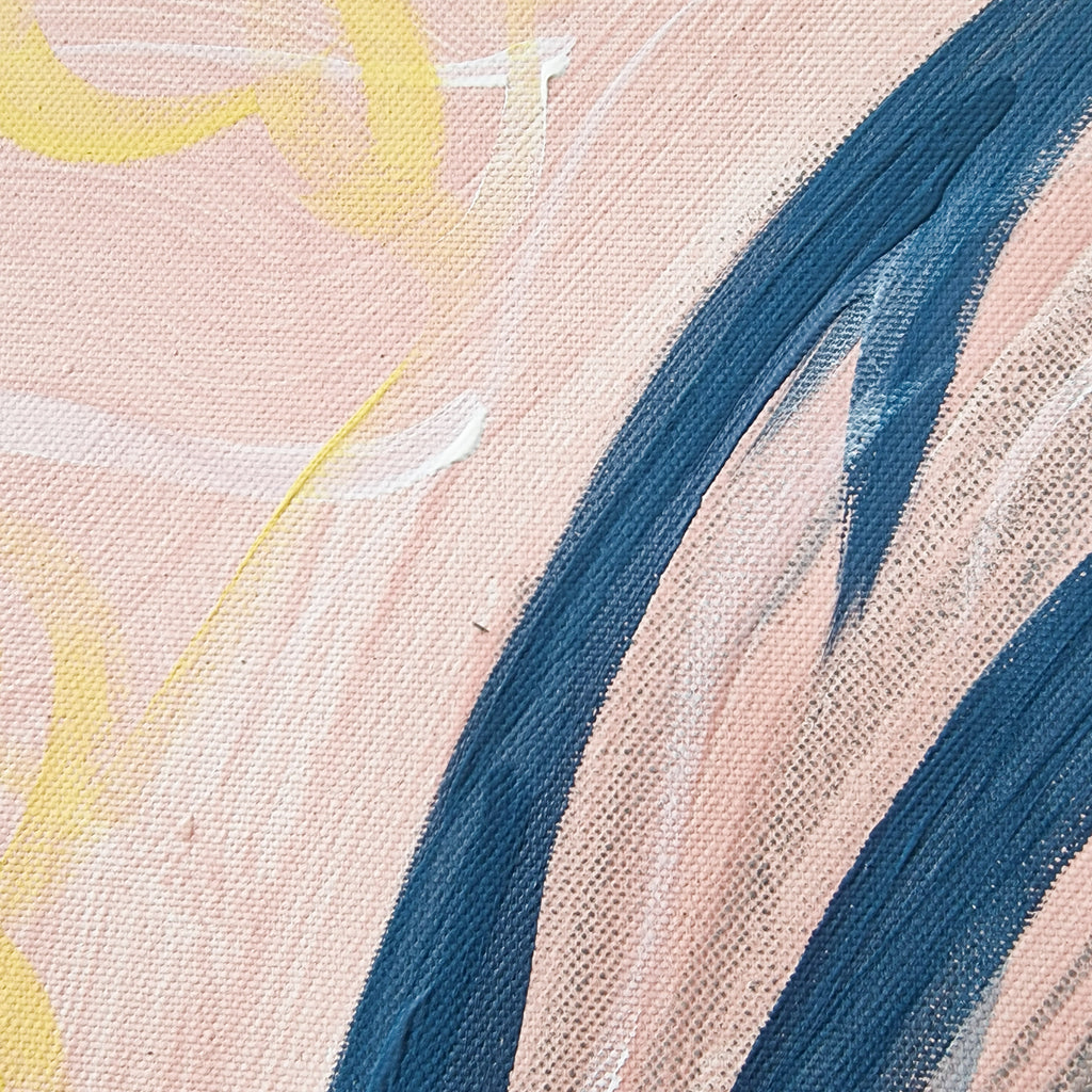 Abstract art with blue and yellow brush strokes on a pink background