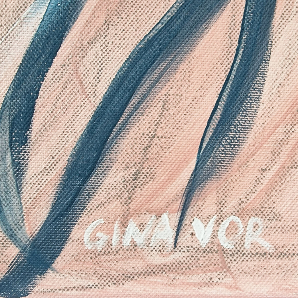 Textured surface with blue and pink brush strokes and 'GINA VOR' branding.