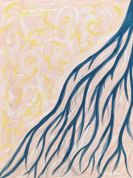 Artistic depiction of blue branches on a pink background with yellow accents