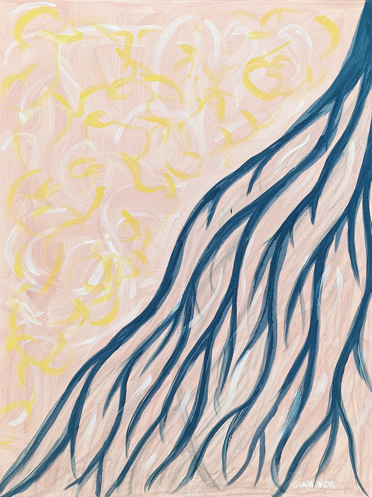 Artistic depiction of blue branches on a pink background with yellow accents