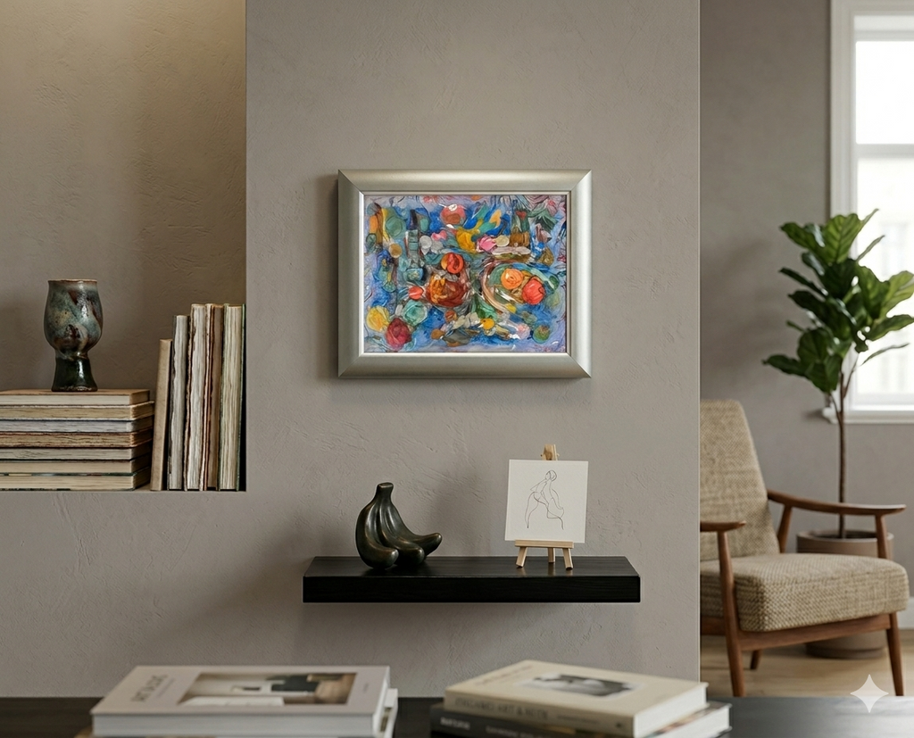Framed abstract painting on a wall with books and decor items below.