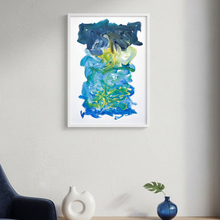Abstract artwork in a modern living room setting with a blue chair and wooden console table.