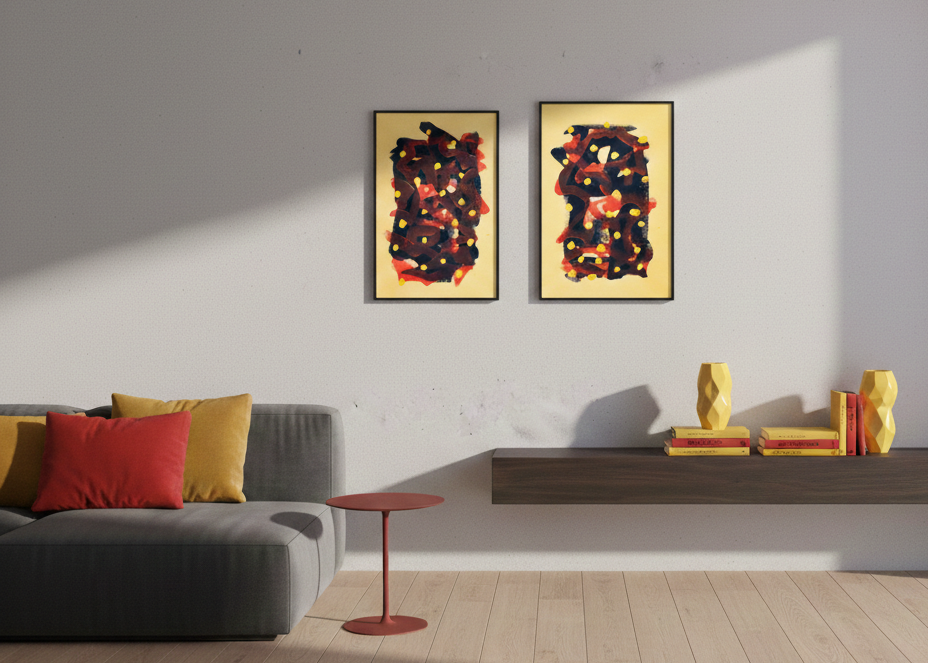 Modern living room with abstract art on the wall and a gray sofa.