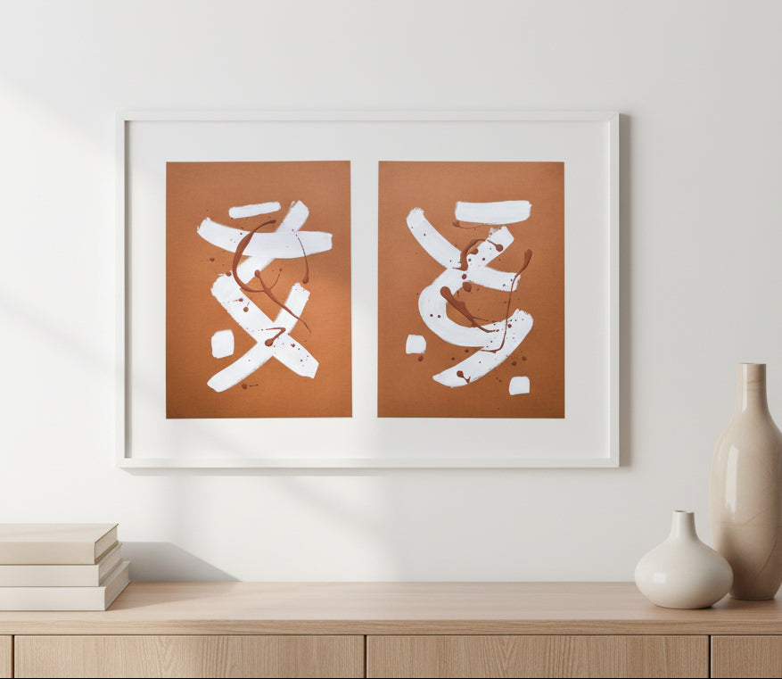 two small beige and white abstract paintings for sale