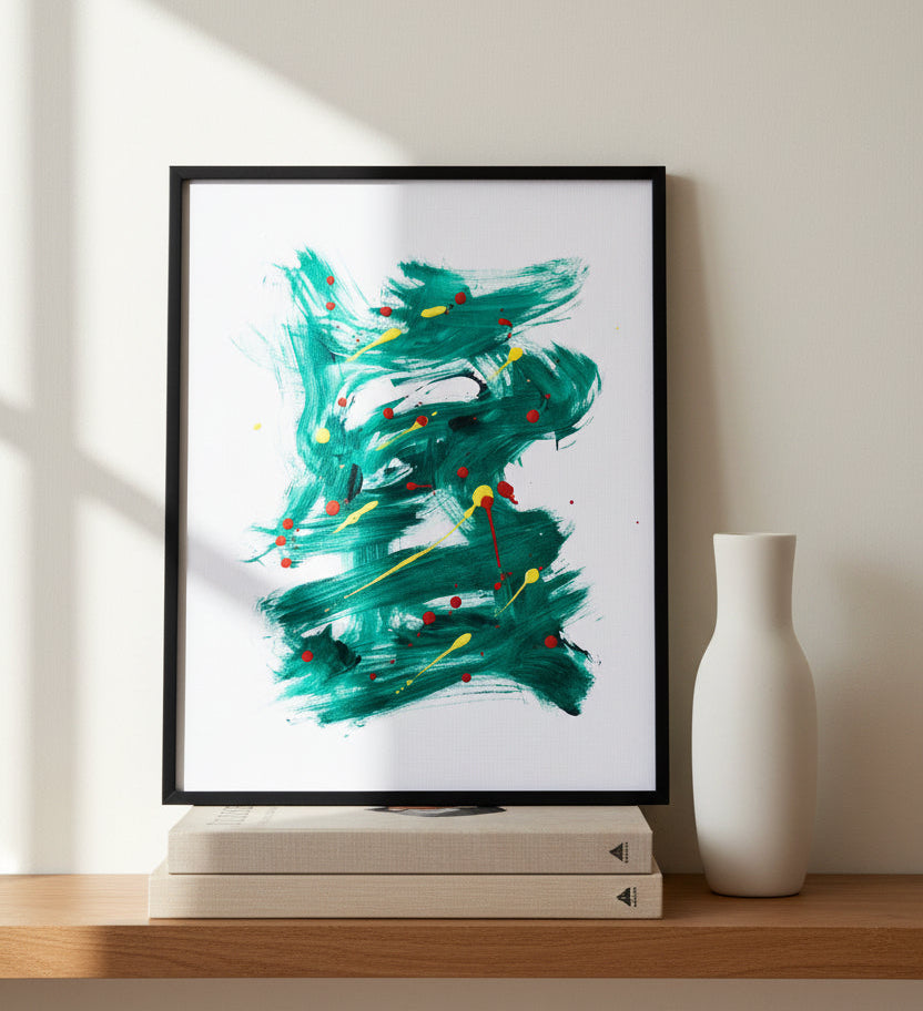 Green abstract expressionist art in contemporary interior