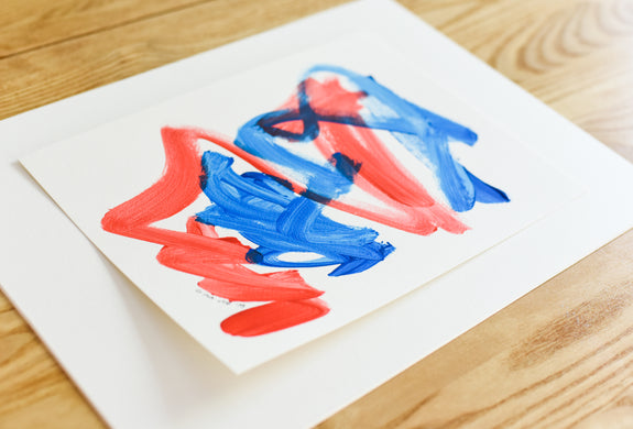 Painting on paper - blue and red minimalist abstract art
