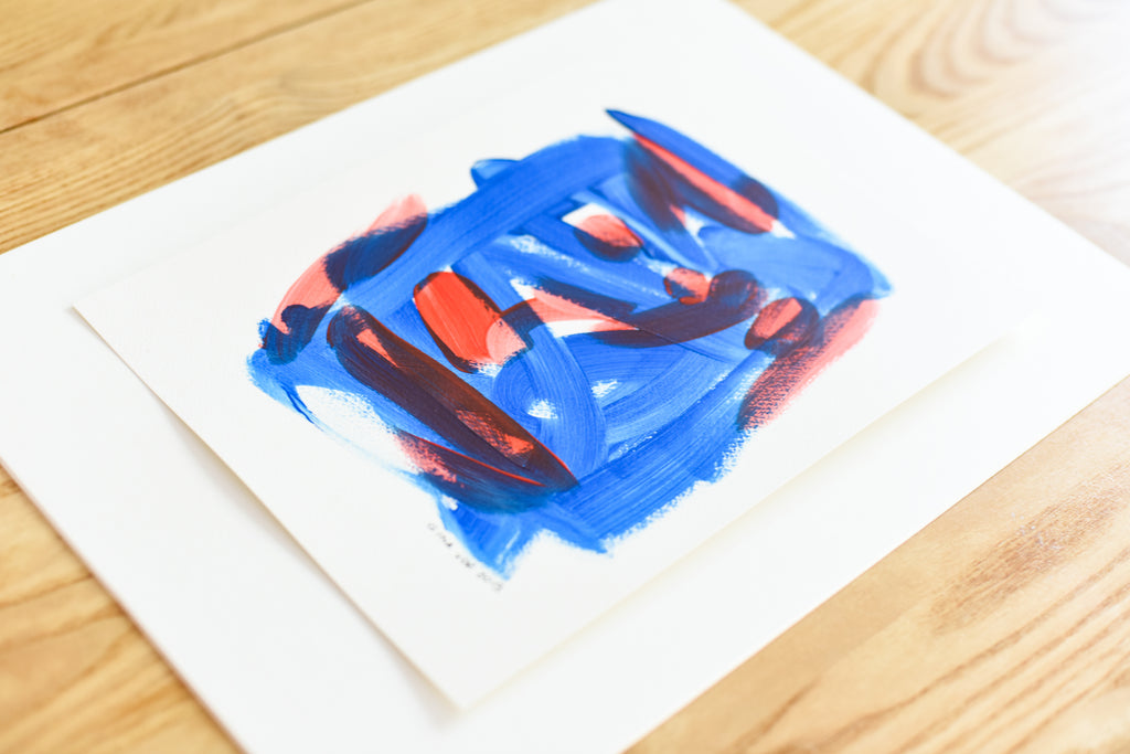 Abstract art on paper - contemporary blue and red painting