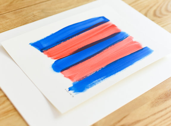 Minimalist abstract art on paper - blue and red painting