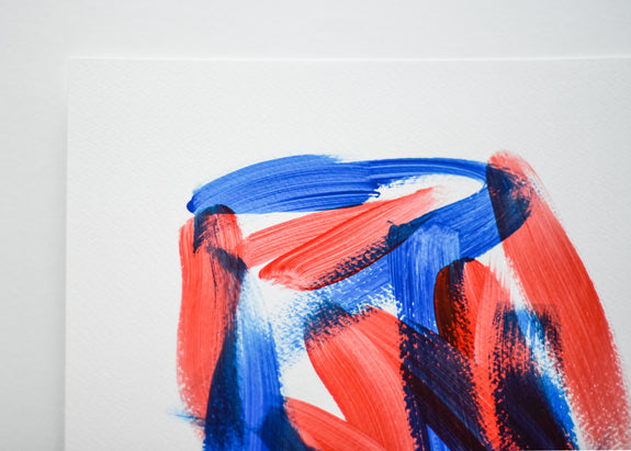 Modern blue and red painting on paper - art by Gina Vor