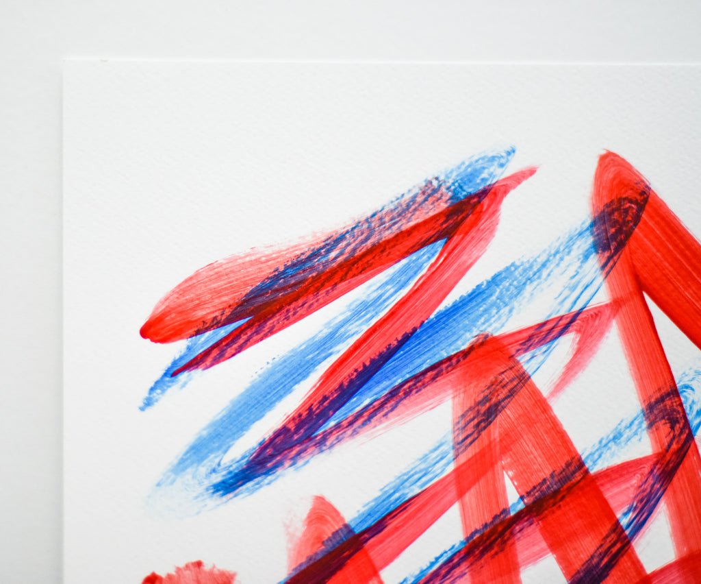 Abstract art on paper - modern blue and red painting by artist Gina Vor