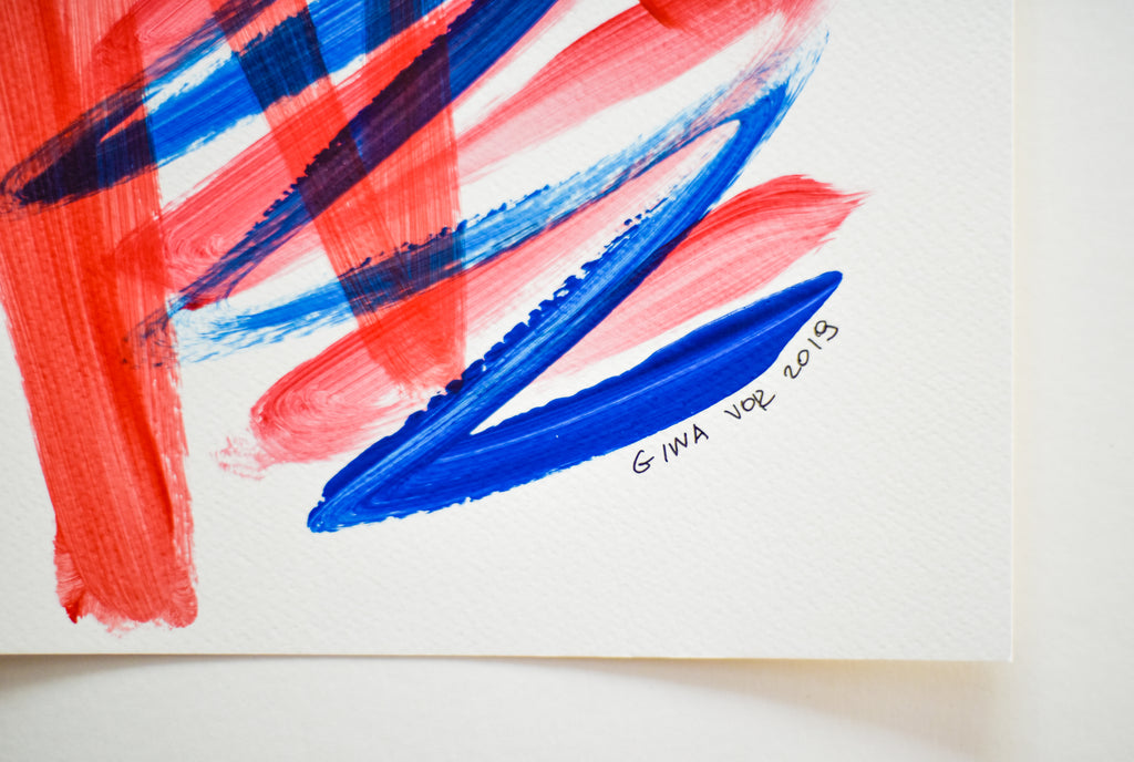 Abstract painting on paper - affordable blue and red art