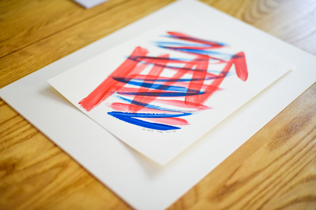 Contemporary abstract art on paper - blue and red painting