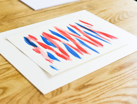 Blue and red art - minimalist abstract painting on paper