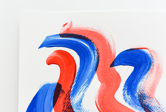 Blue and red abstract artwork on paper by artist Gina Vor