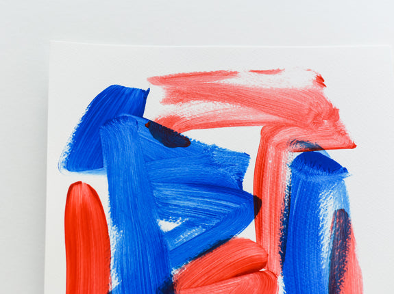 Blue and red abstract art - contemporary artwork on paper