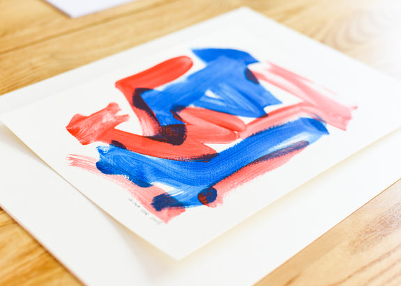 Art on paper - abstract blue and red painting - modern artwork