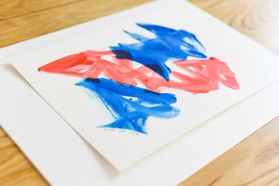 Abstract art on paper - modern blue and red painting