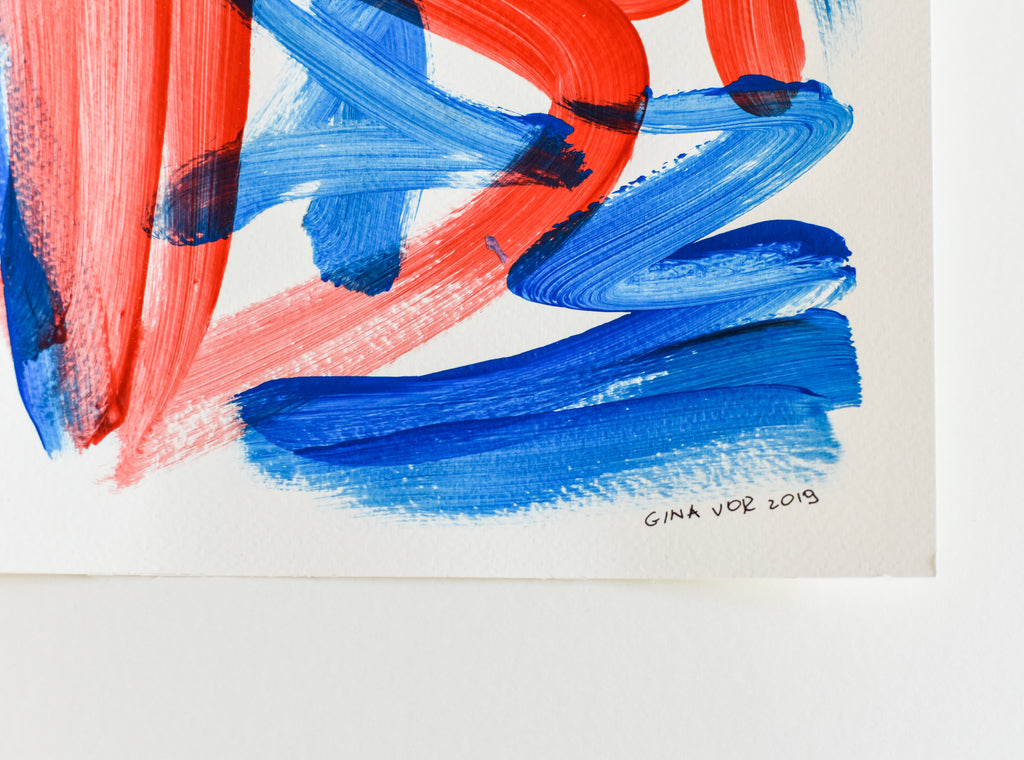 Original abstract artwork in blue and red by artist Gina Vor