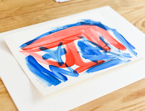 Painting on paper - affordable blue and red abstract art