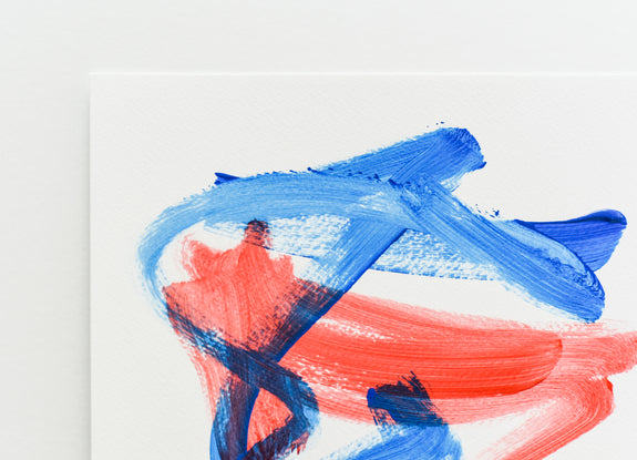 Original blue and red abstract painting on paper - contemporary art