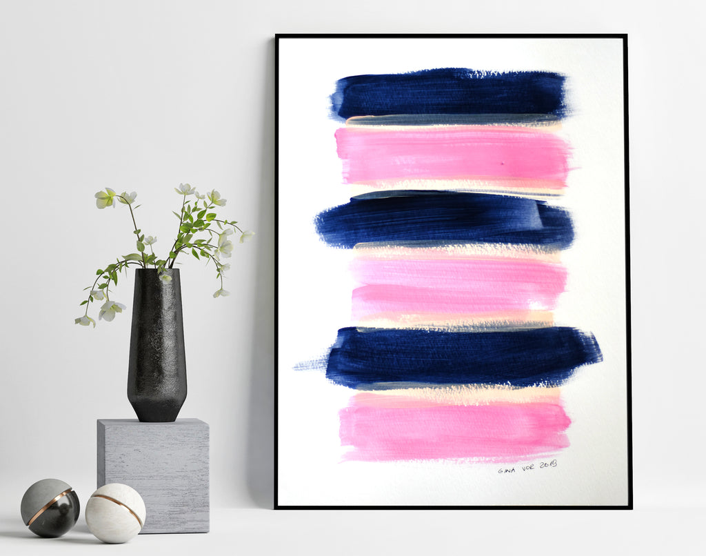 Minimalist art painting in blush pink and navy blue