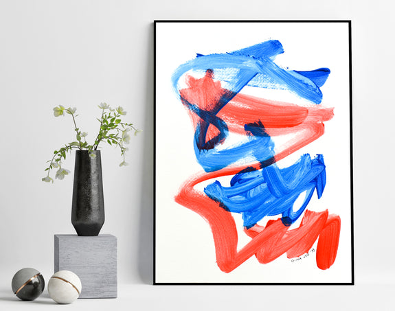 Blue and red abstract painting on paper for sale online