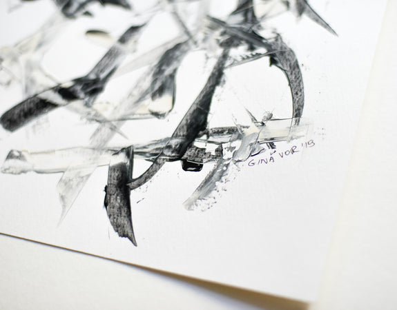 Black and white abstract art on paper by artist Gina Vor
