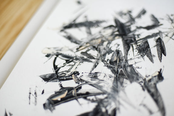 Black and white abstract art painting on paper by Gina Vor