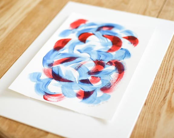 Affordable blue and red abstract art painting on paper