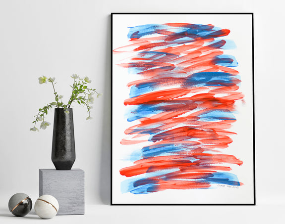 Abstract art painting on paper in blue and red