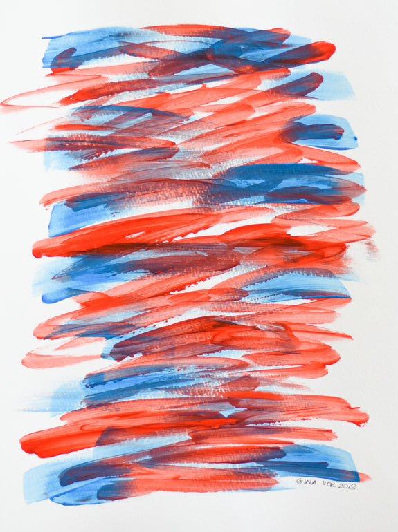 Blue and red minimalist abstract painting on paper