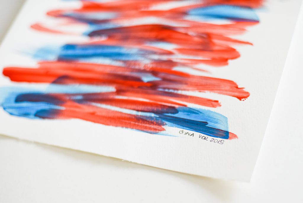 Blue and red abstract art by artist Gina Vor