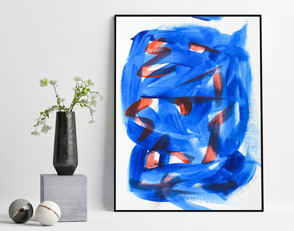 Abstract painting in blue and red