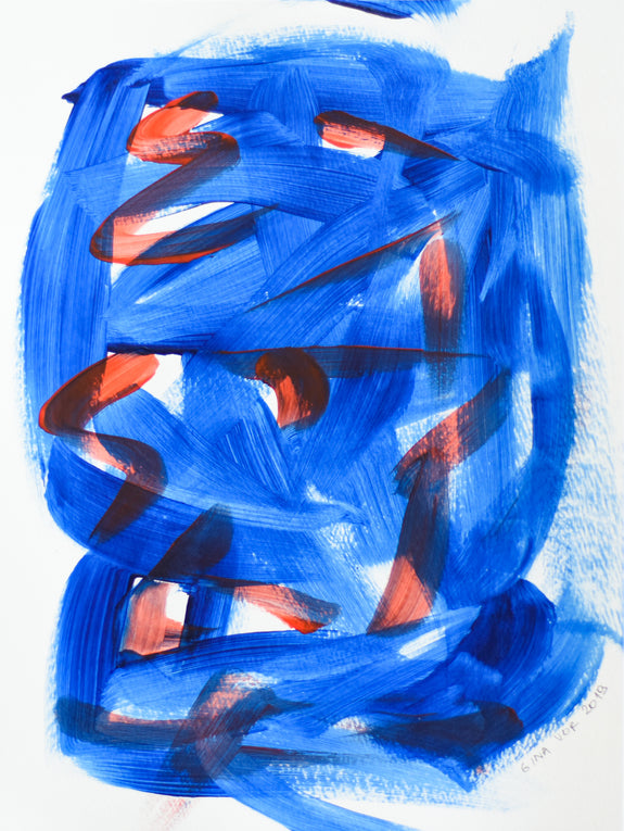 Contemporary blue and red abstract art painting on paper