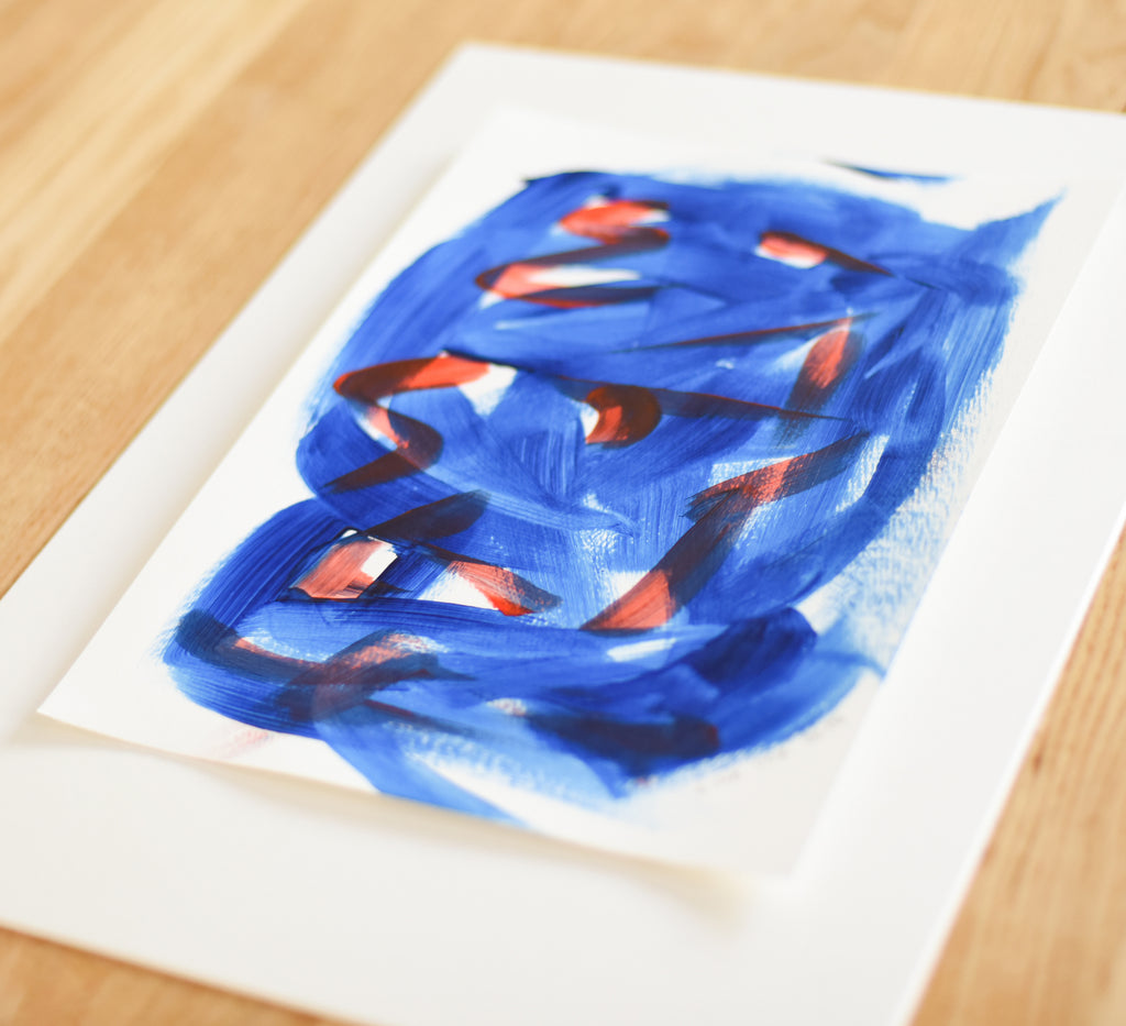 Blue and red abstract art painting on paper