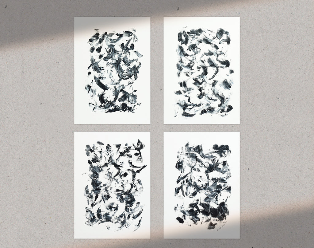 Set of four black and white abstract paintings for sale