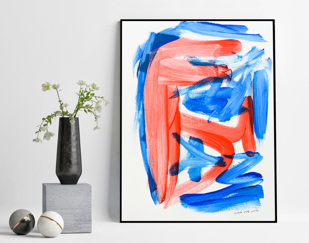 original blue and red abstract painting for sale