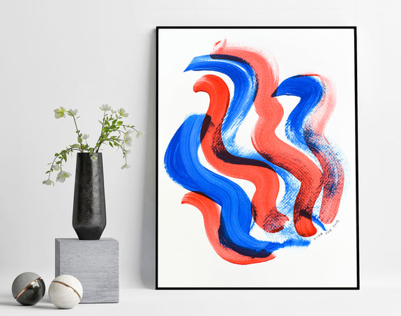 Minimalist blue and red painting on paper for sale