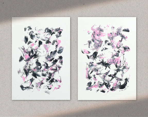 Set of two abstract paintings in black and pink