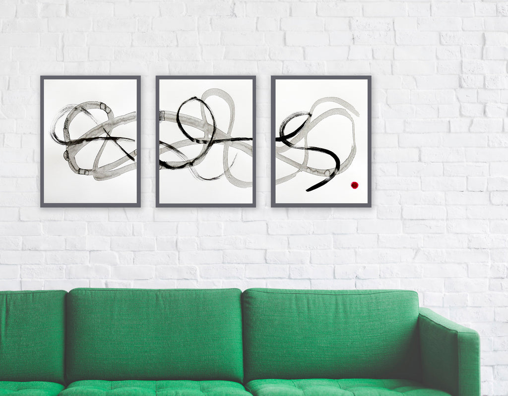 Set of three black and white abstract paintings